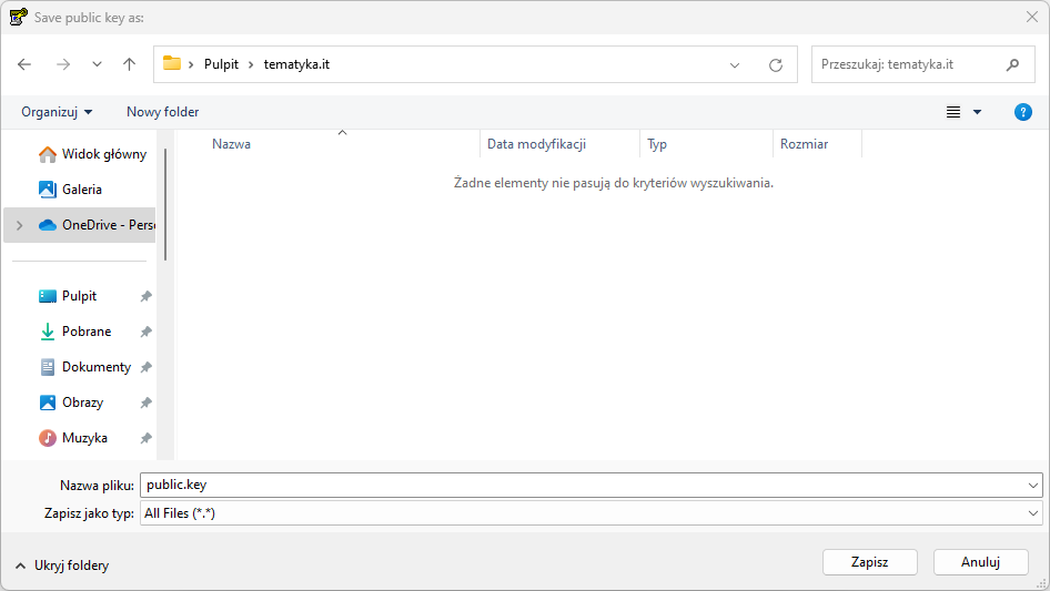 Przykład zapisania na dysku klucza publicznego.