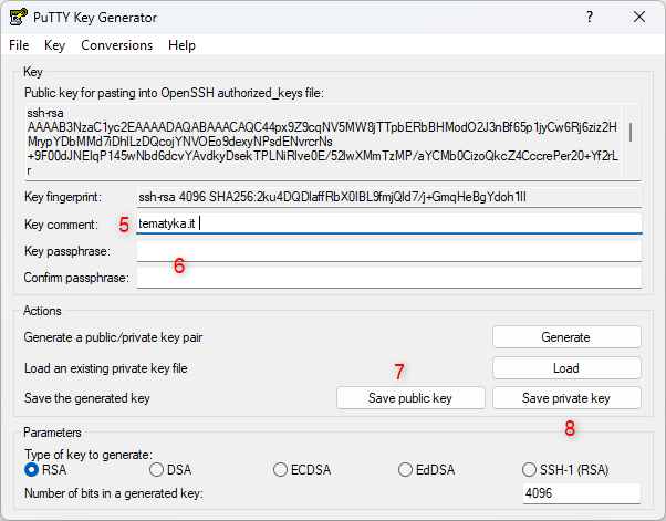 PuTTYgen kolejne kroki generowania pary kluczy z miejscem gdzie można wpisać komentarz i hasło zabezpieczające klucz prywatny.