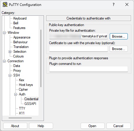 Konfiguracja PuTTY i dodanie klucza prywatnego do konfiguracji.