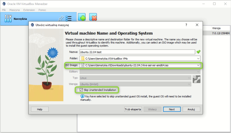 Virtualbox jak wskazać plik ISO do instalacji.