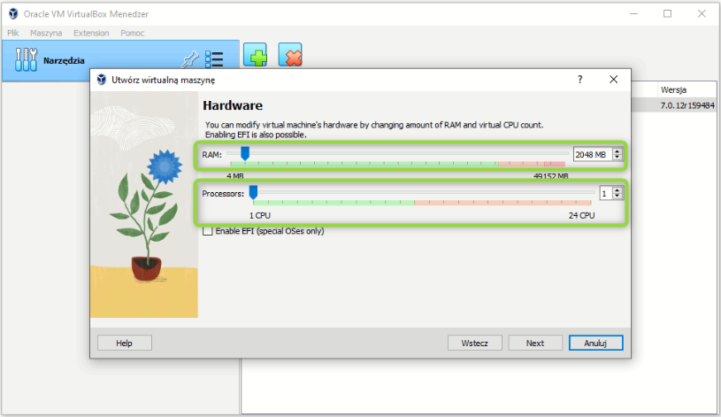 Virtualbox jak zmienić parametry RAM i CPU.