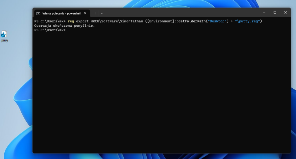 Eksport ustawień Putty do pliku za pomocą polecenia wykonanego w PowerShell.