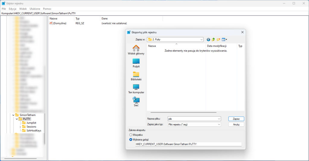 Zapis sesji PuTTY za pomocą programu regedit.