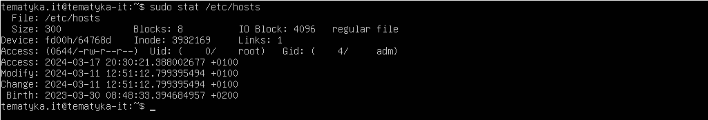 www.tematyka.it wynik polecenia stat dla pliku /etc/hosts