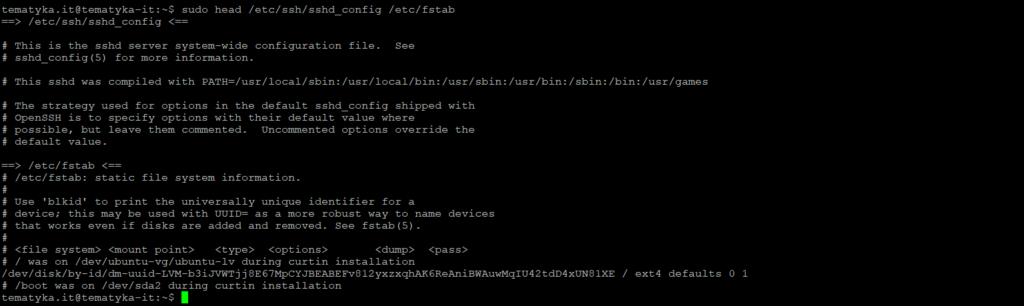 tematyka.it sudo head /etc/ssh/sshd_config /etc/fstab